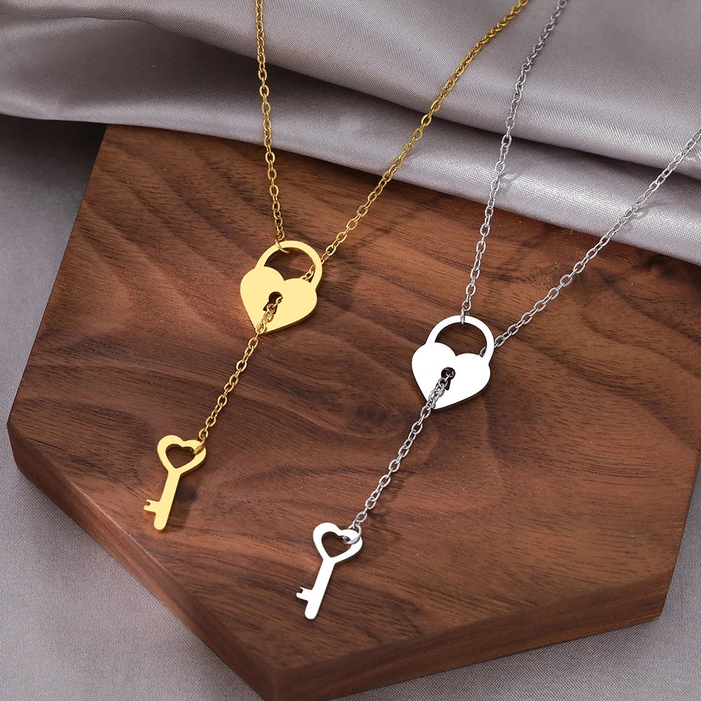 Stainless Steel Necklaces Heart Lock Key Pendants