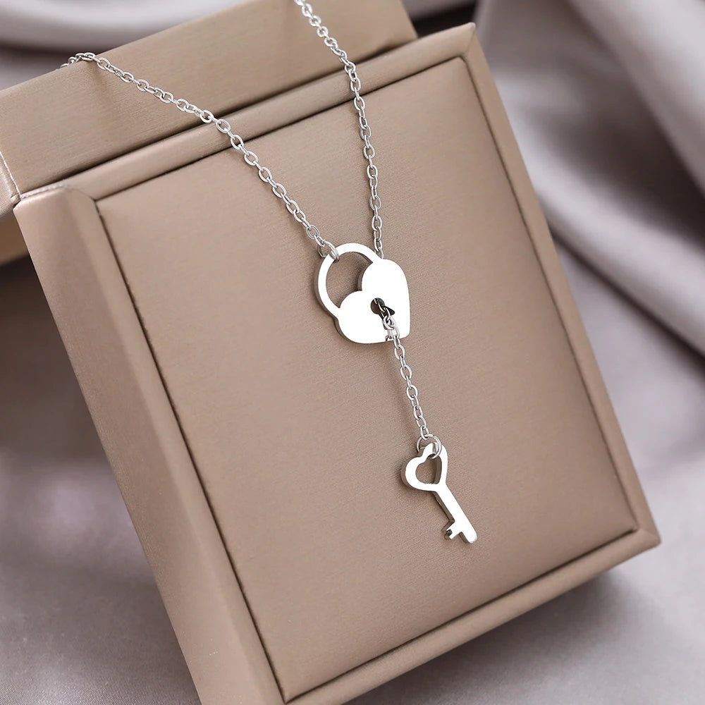 Stainless Steel Necklaces Heart Lock Key Pendants