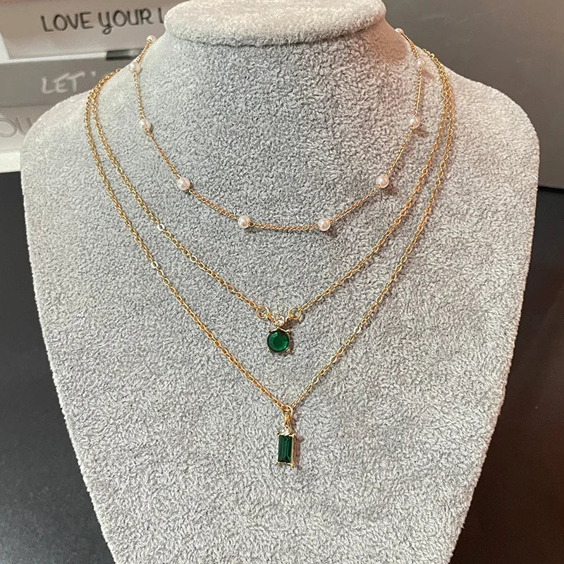 Simple Stacked Retro Imitation Emerald Green Pearl Multi-Layer Necklace