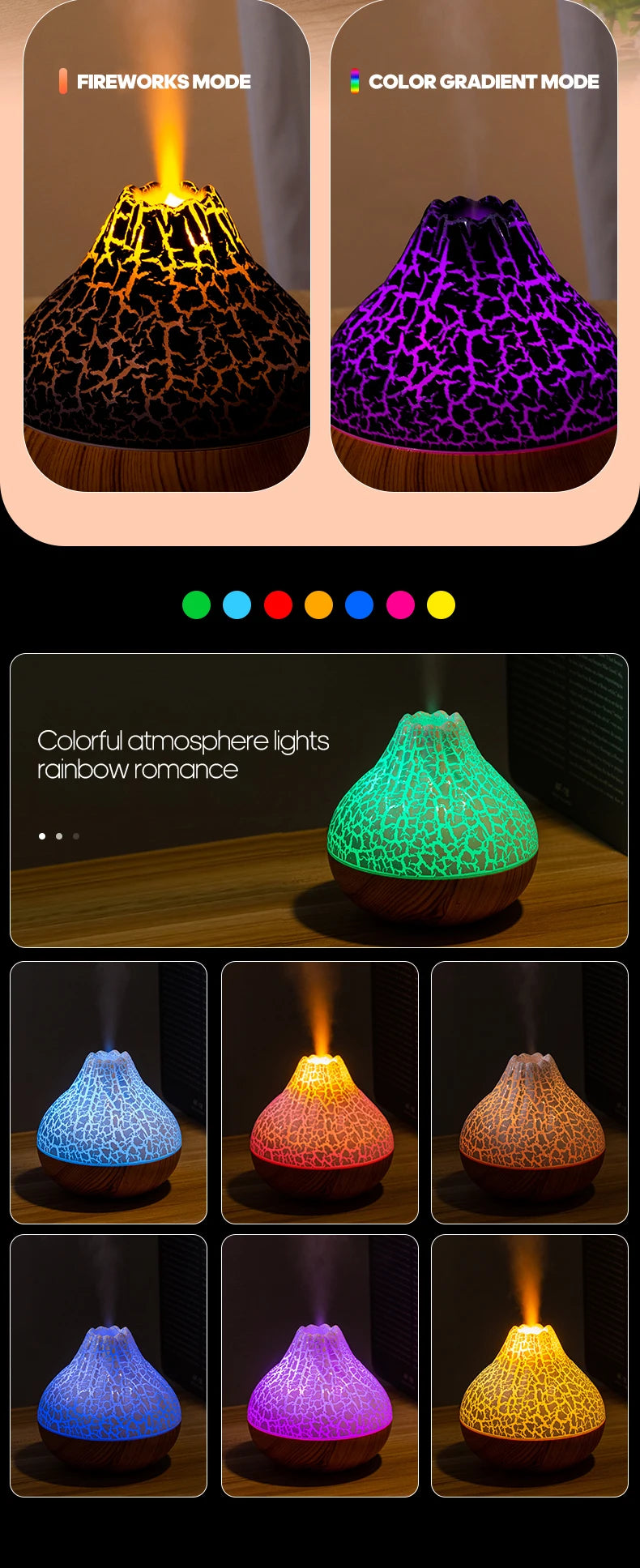 300ml Volcano Air Humidifier Desktop Electric USB Humidifier Air Freshener With 7 Colors Night