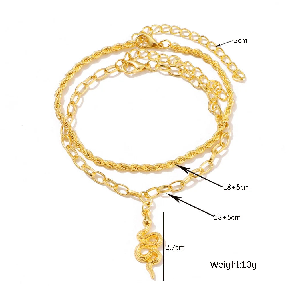 Bold Bohemia Gold Color Snake Ankle Bracelet Set with a Butterfly Key Lock Charm Anklet Chain