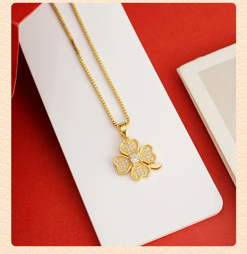 14k Gold Color Clover Pendant Box Necklace Chain