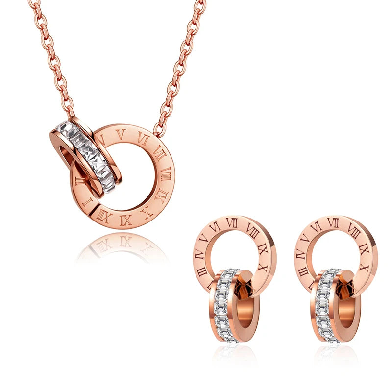 Roman Numeral Crystal Stainless Steel Earrings & Necklace set