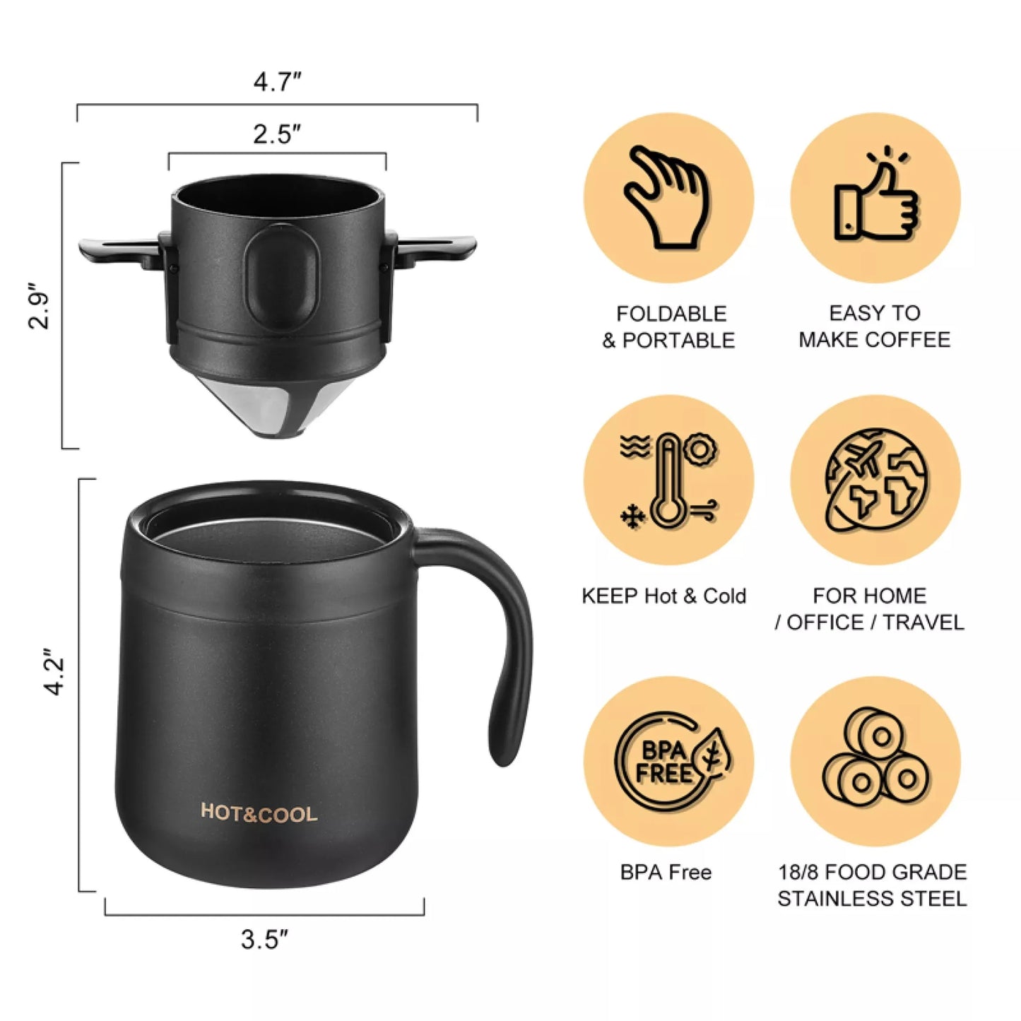 Stainless Steel Portable Coffee Filter Drip, Coffee or Tea Holder Reusable Mug