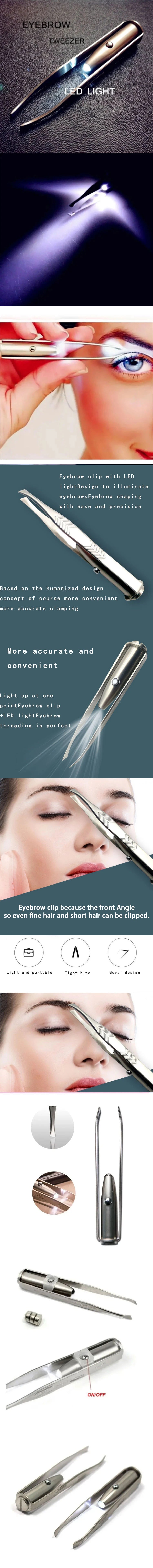 Portable Stainless Steel Smart Design Eyebrow Hair Remove Tweezer with LED Light Makeup Tool