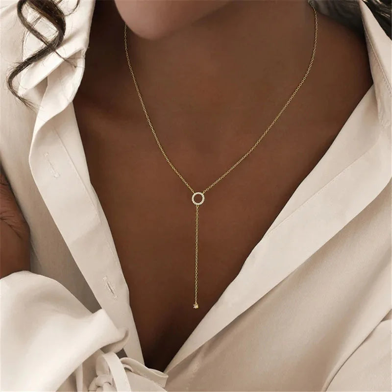 Sterling Silver Double-Deck Circle Zircon Pendant Long O-Chain Choker Necklace