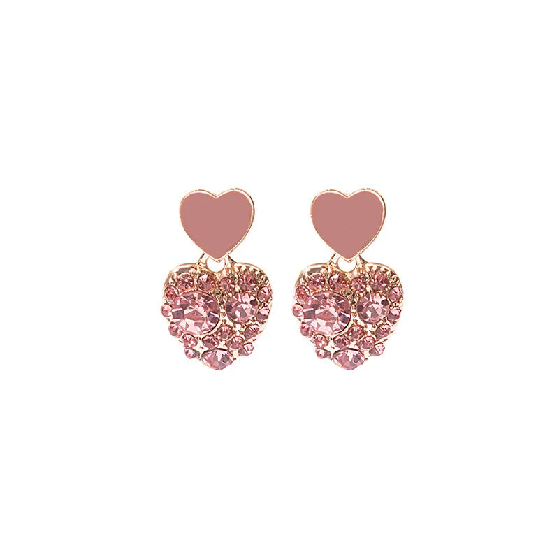 Cute Sweet Love Heart Drop Pink Crystal Rhinestones Earrings