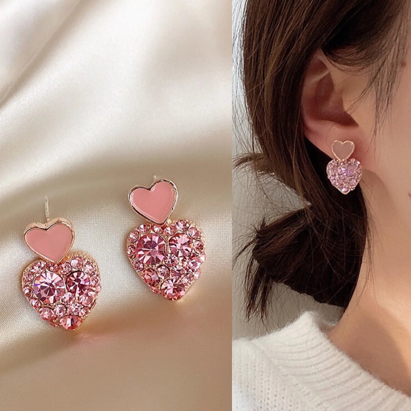 Cute Sweet Love Heart Drop Pink Crystal Rhinestones Earrings