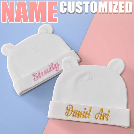 Personalized Baby Name Newborn Cotton Beanie with Ears for Boys or Girls 0-6M