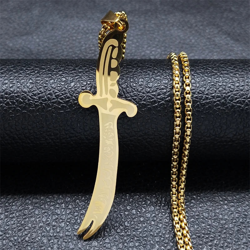 Arabic Ali Sword Knife Chain Necklaces Stainless Steel Gold Color