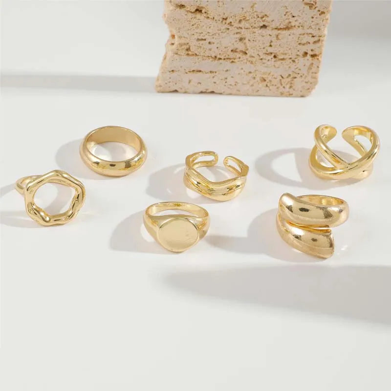 6Pcs/Set Gold Color Geometric Open Rings