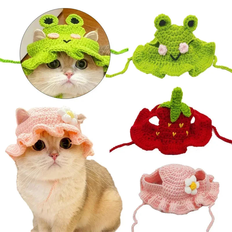 Hand-made woven elastic pet hats.