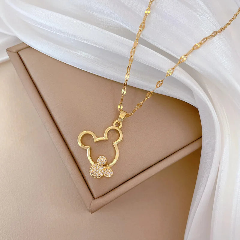 Mickey Mouse Stainless Steel Chain Zircon Pendant Necklace