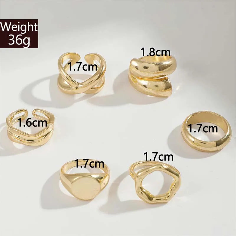 6Pcs/Set Gold Color Geometric Open Rings