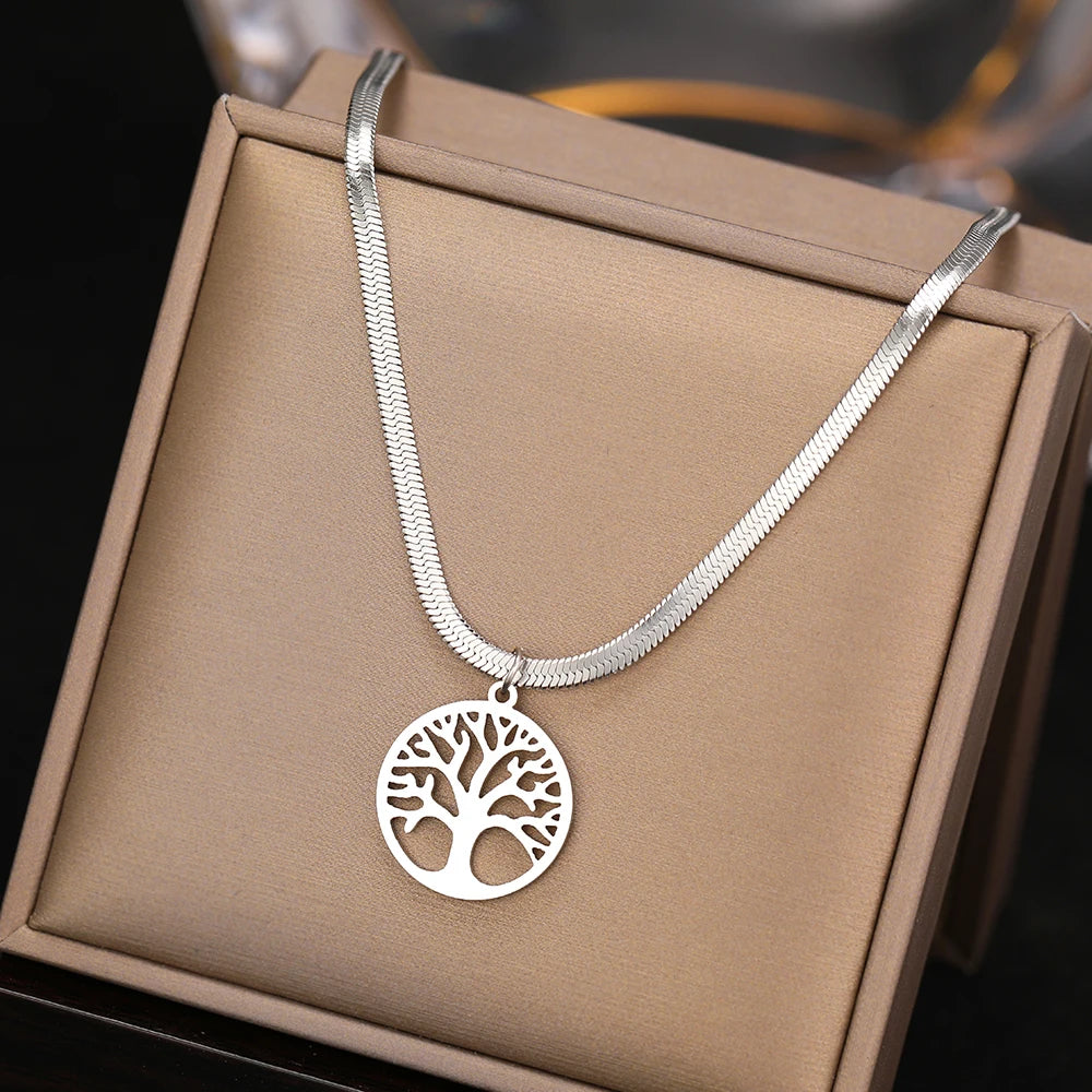 Unique Tree of Life Pendant with a Snake Herringbone Blade Chain