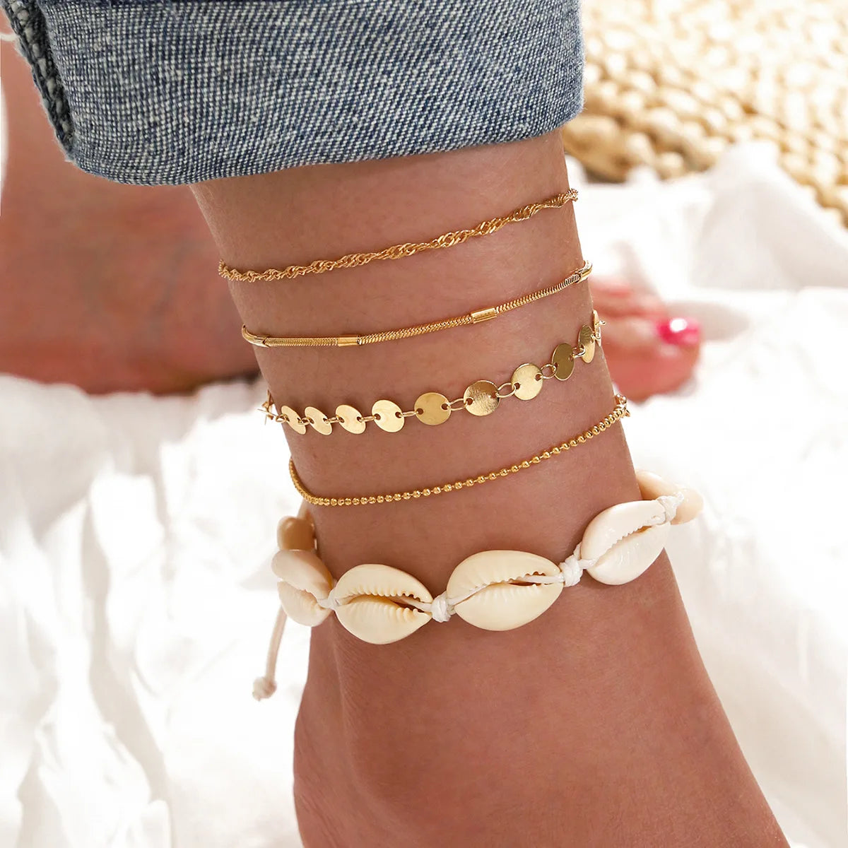 Bold Bohemia Gold Color Snake Ankle Bracelet Set with a Butterfly Key Lock Charm Anklet Chain