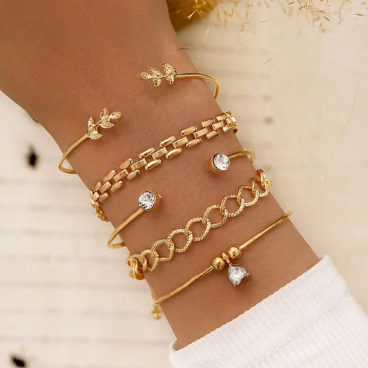 Geometric Link Chain Bracelet Set For Women Rhinestones Gold Color Leaves Heart Pendant Open Cuff Bangle Jewelry