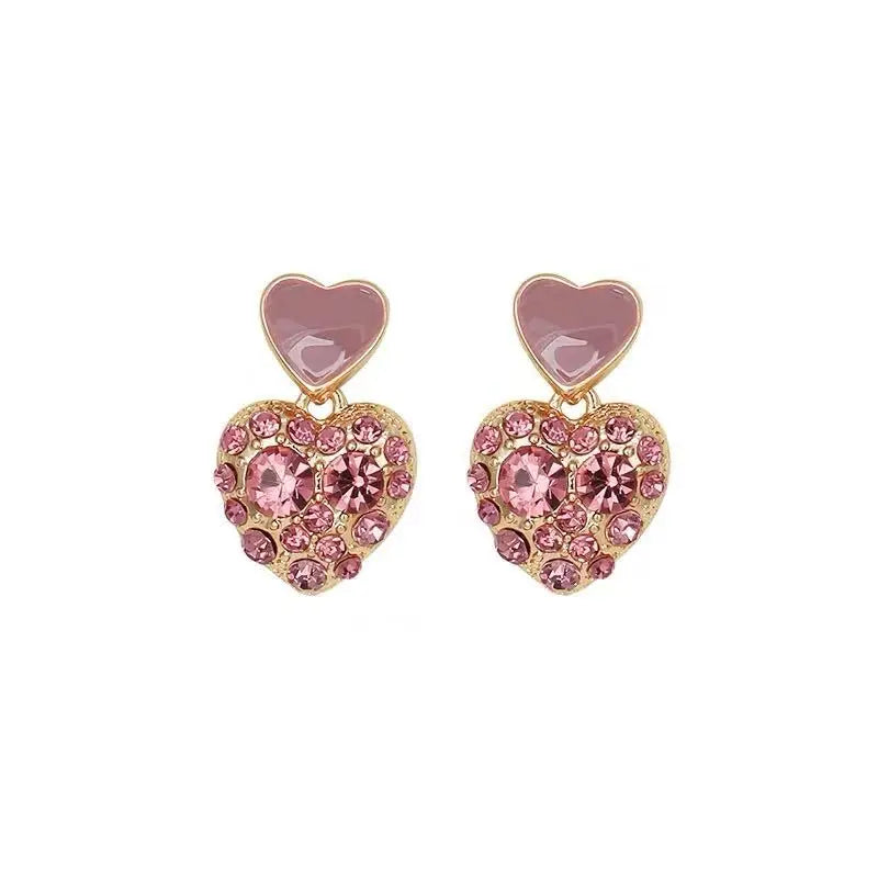 Cute Sweet Love Heart Drop Pink Crystal Rhinestones Earrings