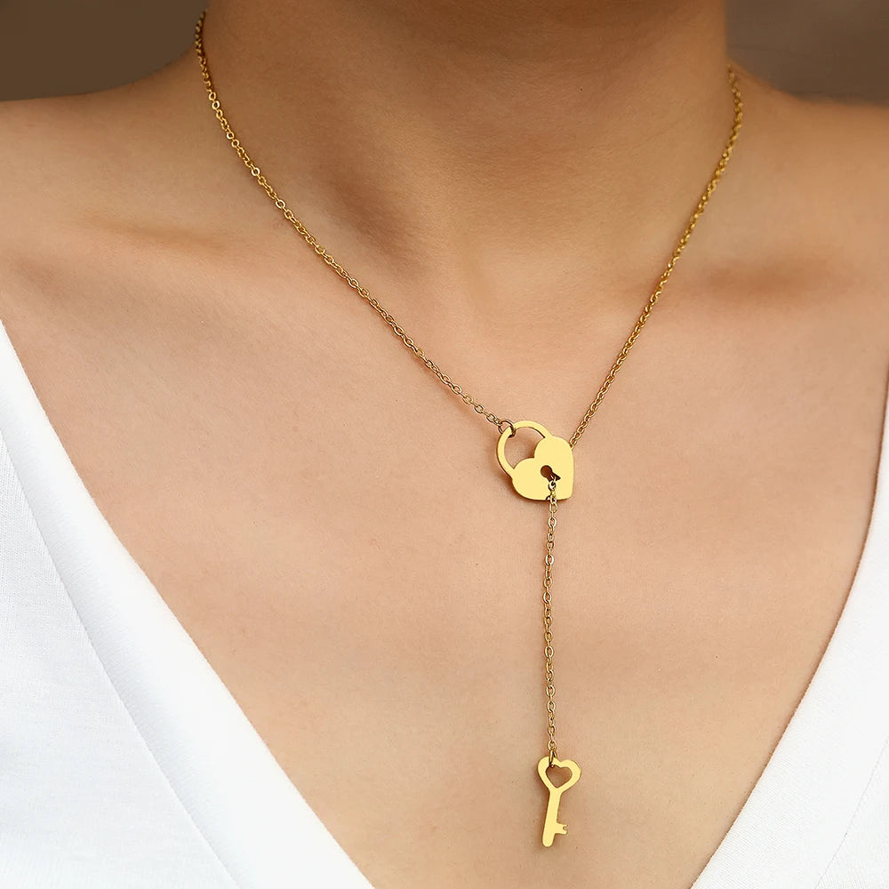 Stainless Steel Necklaces Heart Lock Key Pendants