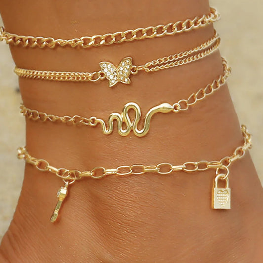 Bold Bohemia Gold Color Snake Ankle Bracelet Set with a Butterfly Key Lock Charm Anklet Chain