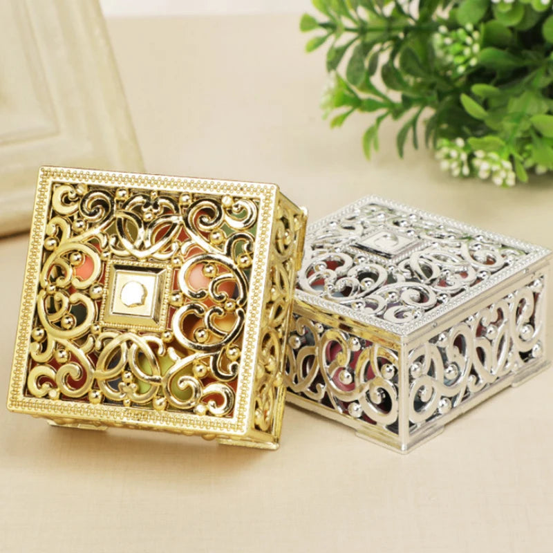 2 PCs Mini Treasure Storage Jewelry Box Silver-color Hollow Flower Pattern