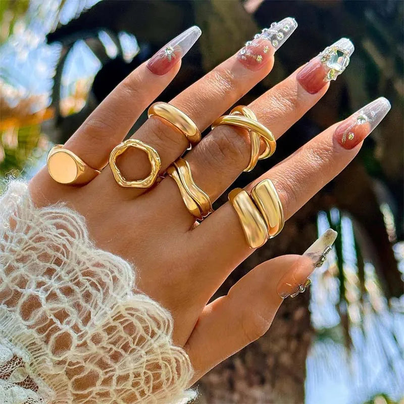 6Pcs/Set Gold Color Geometric Open Rings