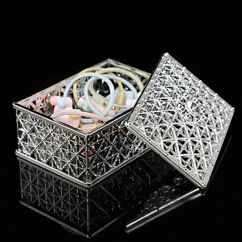 2 PCs Mini Treasure Storage Jewelry Box Silver-color Hollow Flower Pattern