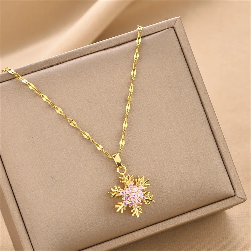 Unique Titanium Steel Necklace with Rotating Snowflake Pendant Collarbone Chain with Sparkling Zircon Stone