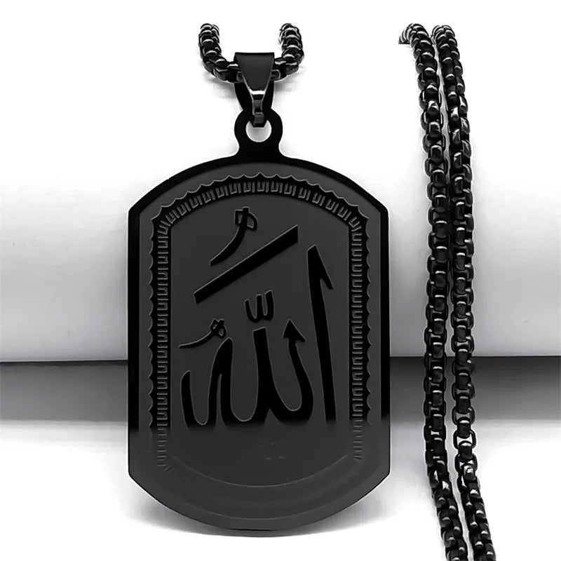 Stainless Steel Islamic Arab Allah Blessing God Pendant Necklace for Men/Women Black Color Islam Chain Necklace