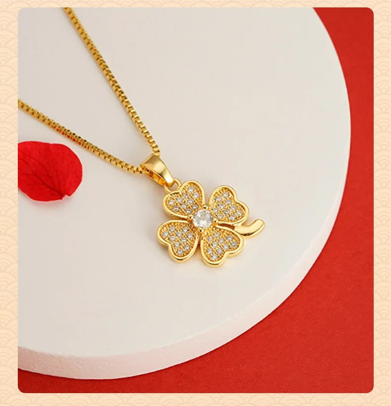 14k Gold Color Clover Pendant Box Necklace Chain