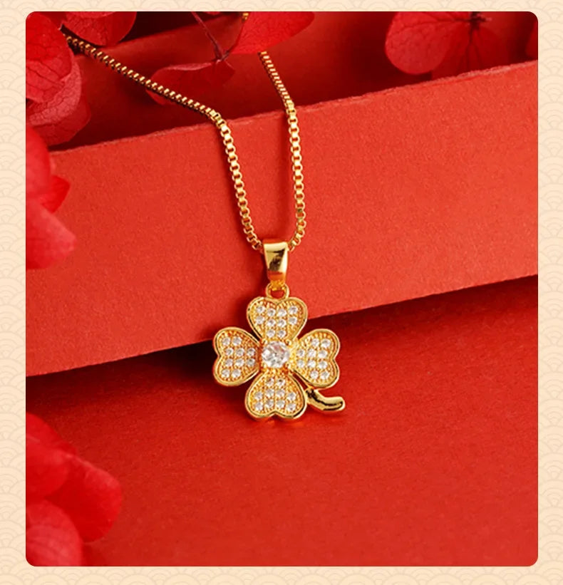 14k Gold Color Clover Pendant Box Necklace Chain