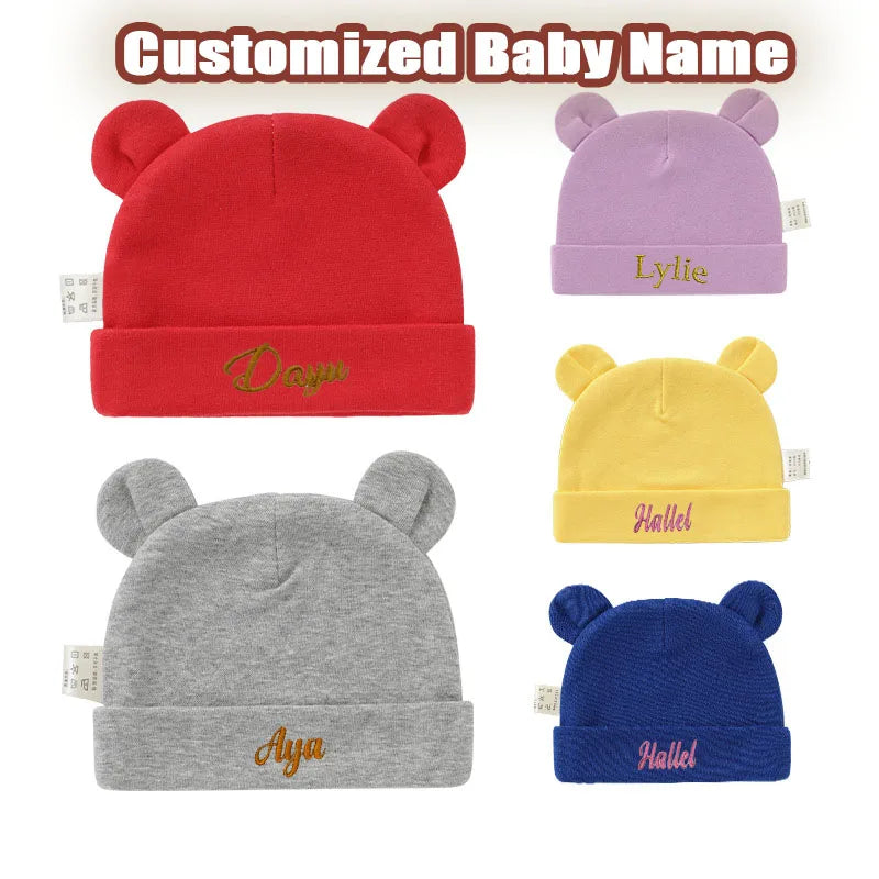 Personalized Baby Name Newborn Cotton Beanie with Ears for Boys or Girls 0-6M