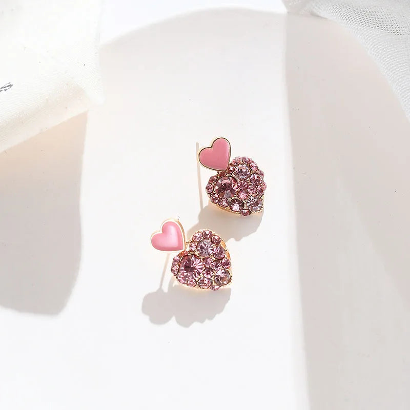 Cute Sweet Love Heart Drop Pink Crystal Rhinestones Earrings