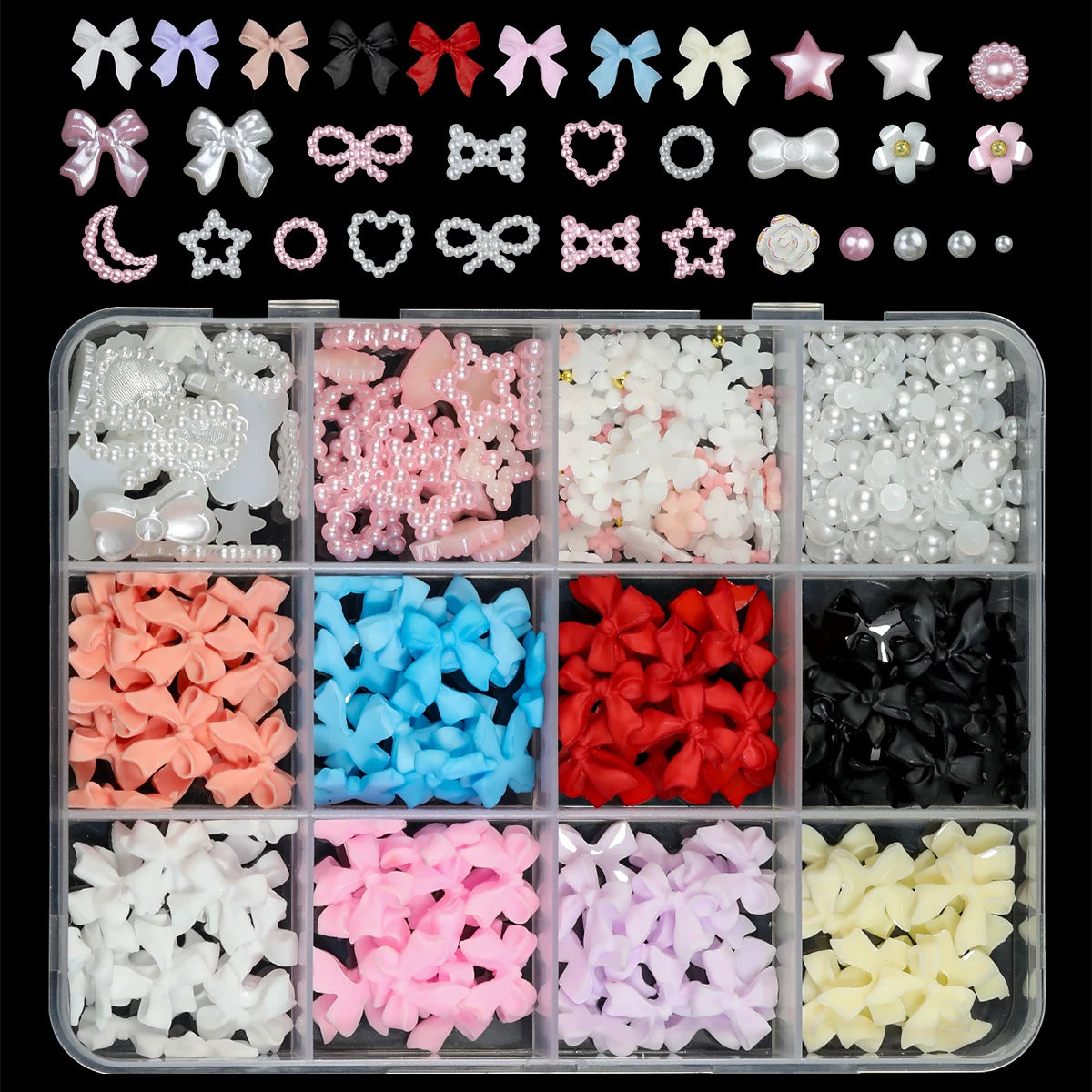 12Grids/box Mixed Resin Bowknot Nail Art Decorations/ 3D Acrylic Charms DIY Manicure