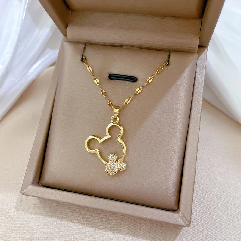 Mickey Mouse Stainless Steel Chain Zircon Pendant Necklace