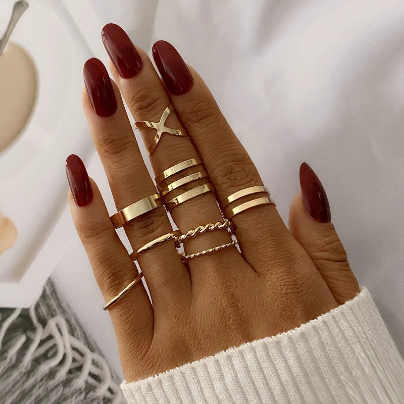 6Pcs/Set Gold Color Geometric Open Rings