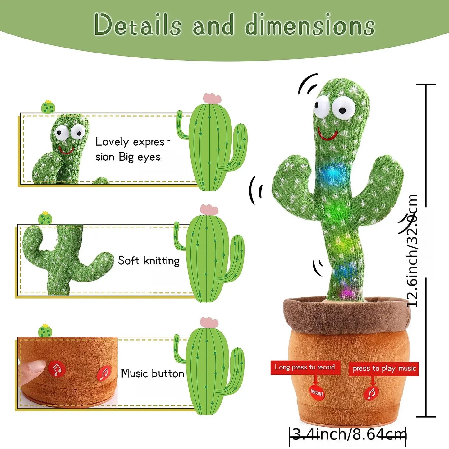 Rechargeable Cactus Glowing Dancing Electronic Plush Toys Can Sing Record