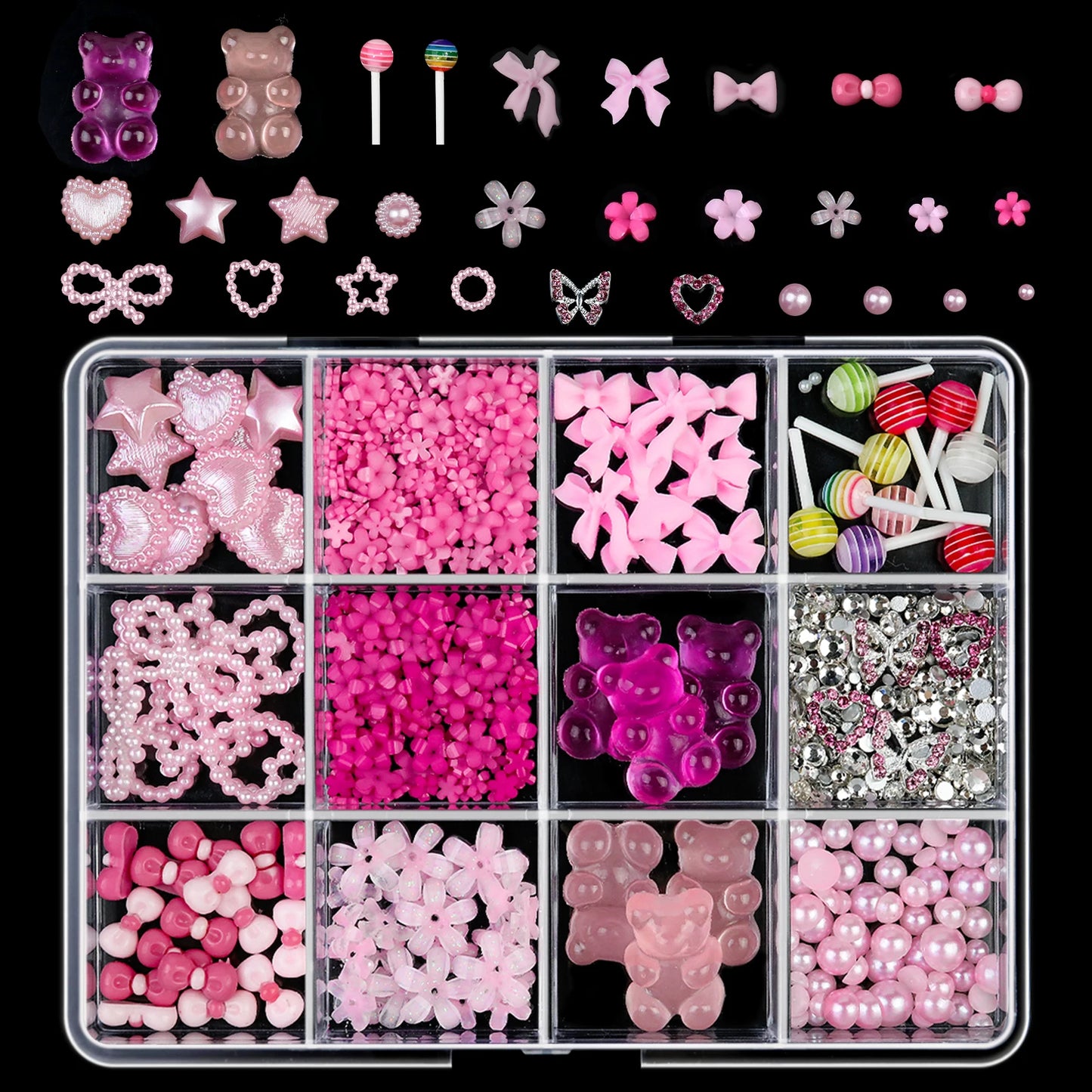 12Grids/box Mixed Resin Bowknot Nail Art Decorations/ 3D Acrylic Charms DIY Manicure