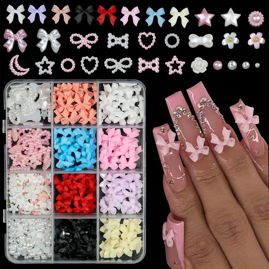 12Grids/box Mixed Resin Bowknot Nail Art Decorations/ 3D Acrylic Charms DIY Manicure