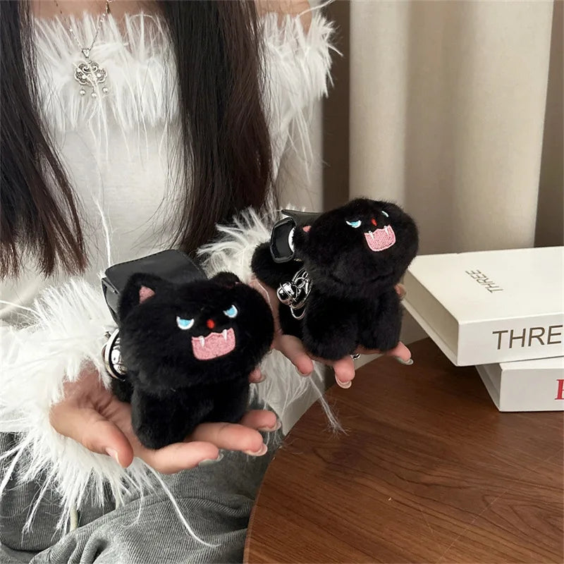 Black Cat Backpack Plush Case for AirPods