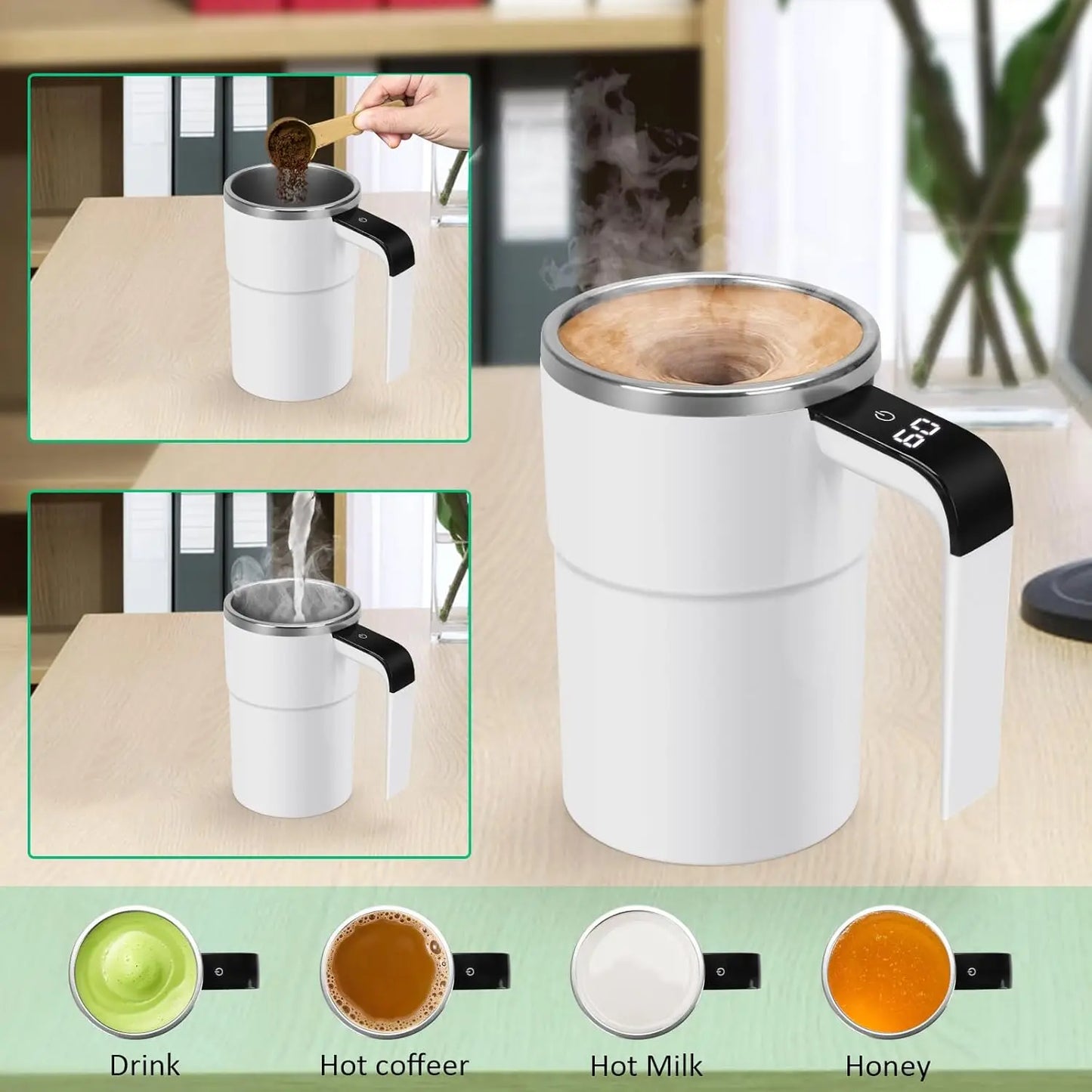 USB Rechargeable Smart Thermal Mug with Automatic Self Stirring Magnetic Mug Self Mixing Coffee Mug Food Safe LCD Screen