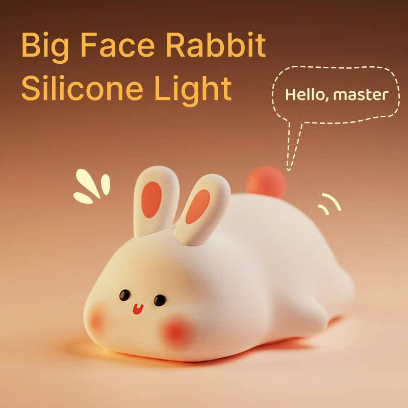 Cute Rabbit Rechargeable Silicone Night Lamp Touch Sensor Big Face Rabbit Light Timing USB Light for Kids Gift Party Decor