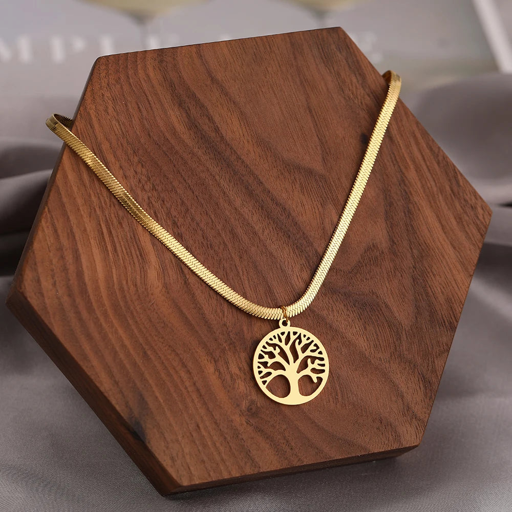 Unique Tree of Life Pendant with a Snake Herringbone Blade Chain