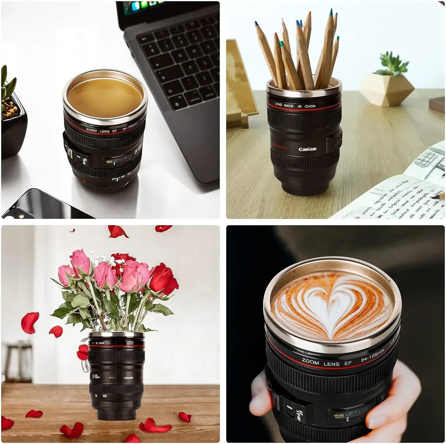 Coffee Cup Thermal Mug Camera Lens Coffee or Water Bottle Tumbler With Lids