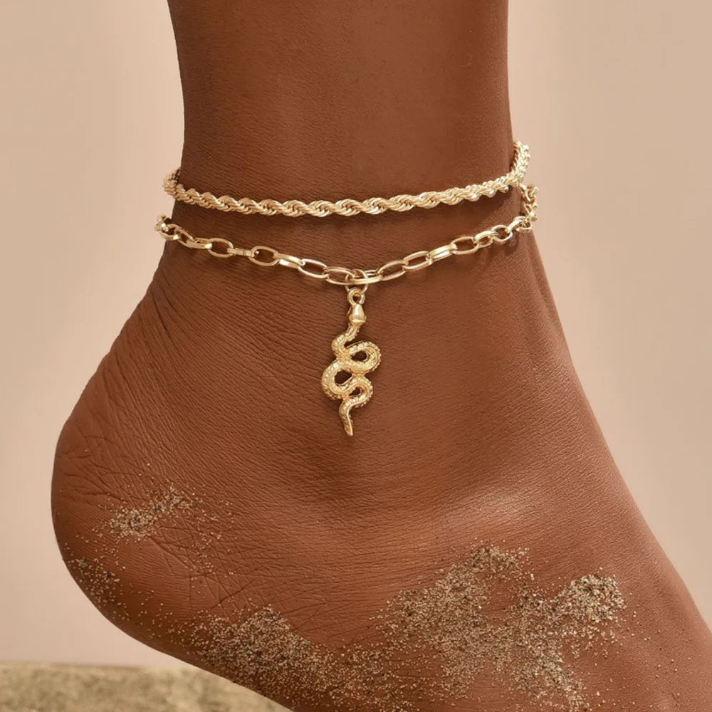 Bold Bohemia Gold Color Snake Ankle Bracelet Set with a Butterfly Key Lock Charm Anklet Chain