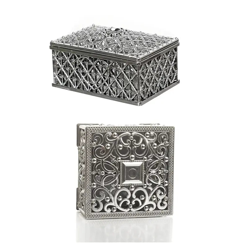 2 PCs Mini Treasure Storage Jewelry Box Silver-color Hollow Flower Pattern