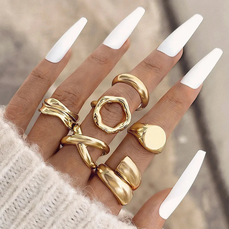 6Pcs/Set Gold Color Geometric Open Rings