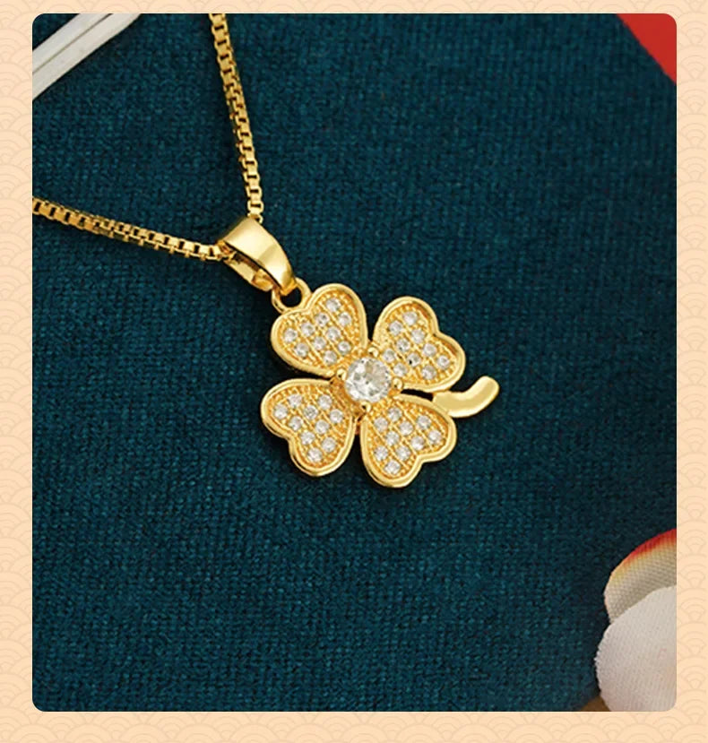 14k Gold Color Clover Pendant Box Necklace Chain