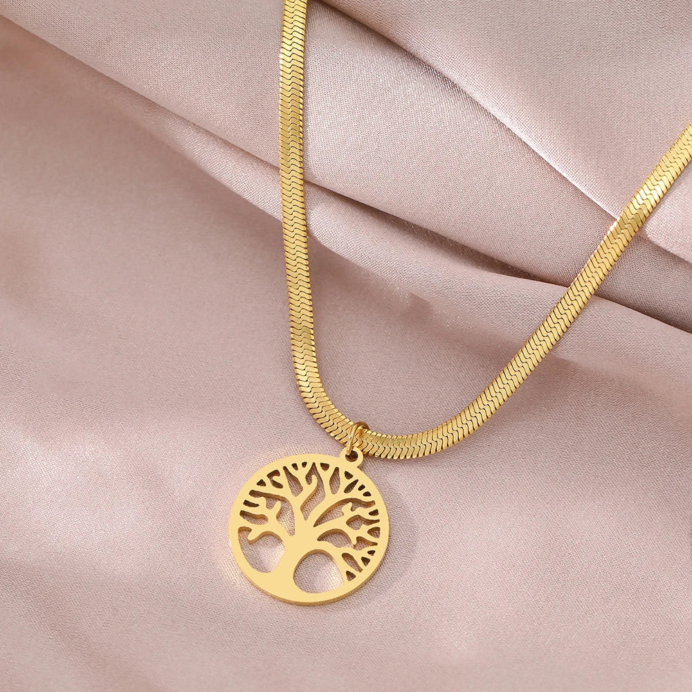 Unique Tree of Life Pendant with a Snake Herringbone Blade Chain