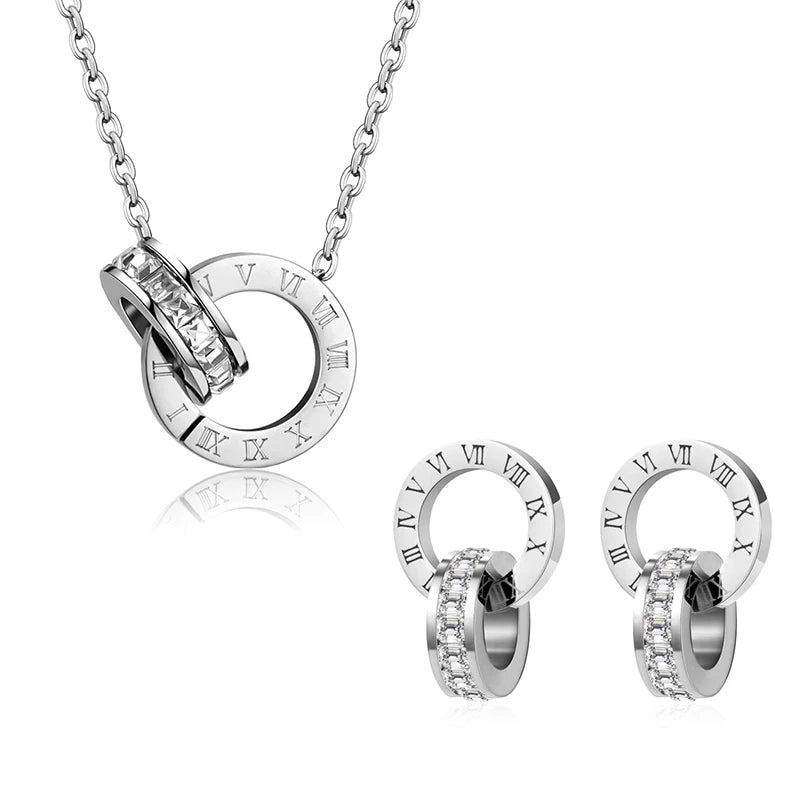 Roman Numeral Crystal Stainless Steel Earrings & Necklace set